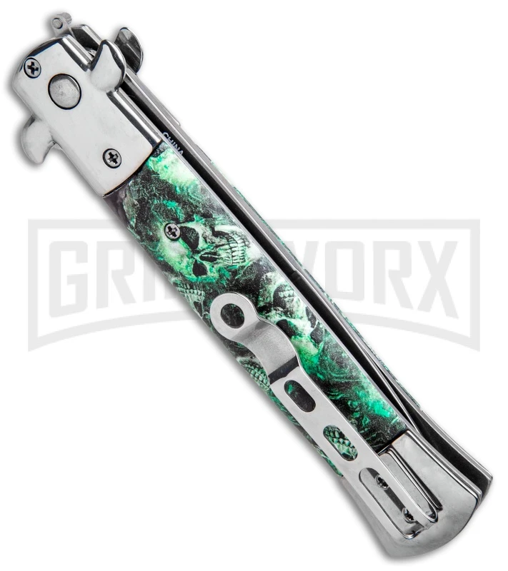 Milano 9" Stiletto Green Skull Automatic Knife - Bayonet Satin 4 Milano 9" Stiletto Green Skull Automatic Knife - Bayonet Satin - Image 3