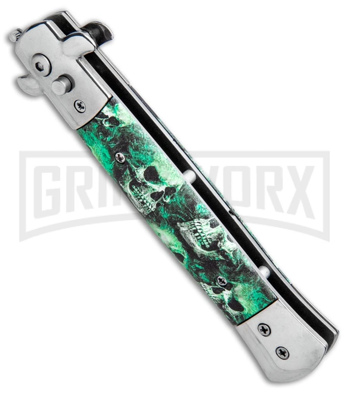 Milano 9" Stiletto Green Skull Automatic Knife - Bayonet Satin 3 Milano 9" Stiletto Green Skull Automatic Knife - Bayonet Satin - Image 2