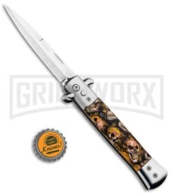Milano 9" Stiletto Orange Skull Automatic Knife - Bayonet Satin 9 Milano 9" Stiletto Orange Skull Automatic Knife - Bayonet Satin -Grindworx Milano 9in Stiletto Orange Skull Auto Bayo GSE018CMBRN GX 33510 jr bottlecap large