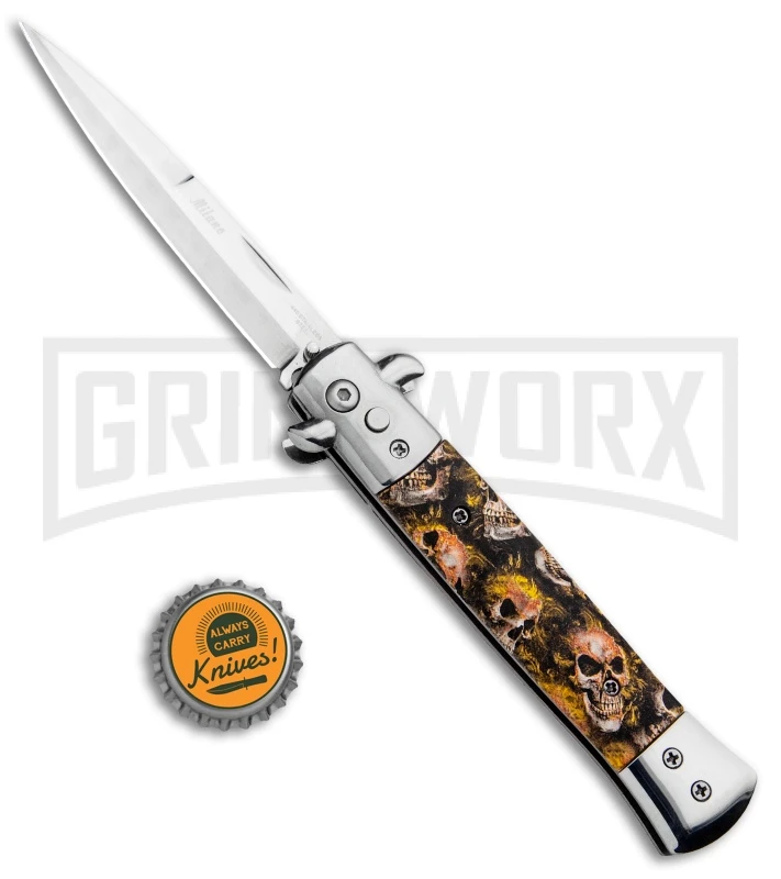 Milano 9" Stiletto Orange Skull Automatic Knife - Bayonet Satin 6 Milano 9" Stiletto Orange Skull Automatic Knife - Bayonet Satin - Image 4
