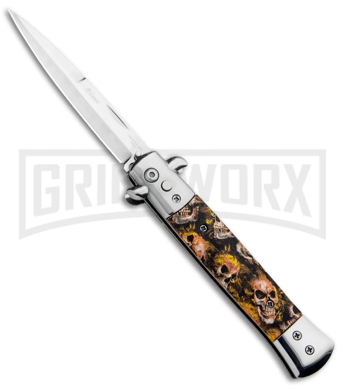 Milano 9" Stiletto Orange Skull Automatic Knife - Bayonet Satin 3 Milano 9" Stiletto Orange Skull Automatic Knife - Bayonet Satin