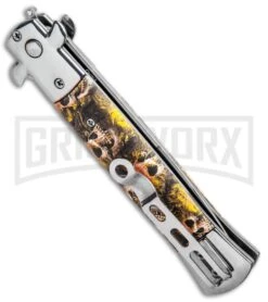 Milano 9" Stiletto Orange Skull Automatic Knife - Bayonet Satin 8 Milano 9" Stiletto Orange Skull Automatic Knife - Bayonet Satin -Grindworx Milano 9in Stiletto Orange Skull Auto Bayo GSE018CMBRN GX 33510 jr side large