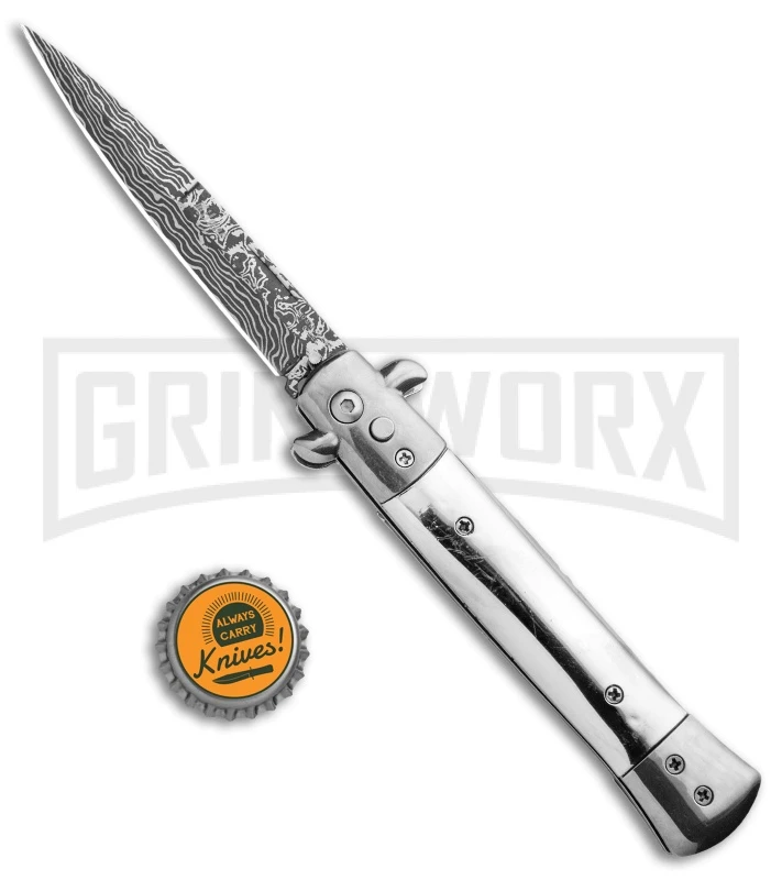 Milano 9" Stiletto Silver Automatic Knife - Bayonet Sim Damascus 6 Milano 9" Stiletto Silver Automatic Knife - Bayonet Sim Damascus - Image 4