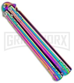 Rainbow Balisong Tanto Compound Butterfly Knife - Rainbow Plain 8 Rainbow Balisong Tanto Compound Butterfly Knife - Rainbow Plain -Grindworx Rainbow Bone Balisong DP Compound Butterfly Knife BF 201 2 GX 37590 jr side large