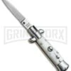 SKM 4.5" Italian Mini Stiletto White Pearlex Automatic Knife - Swedge 1 SKM 4.5" Italian Mini Stiletto White Pearlex Automatic Knife - Swedge -Grindworx SKM 4.5in Italian Stiletto White Pearlex Swedge BHQ 67448 jr large