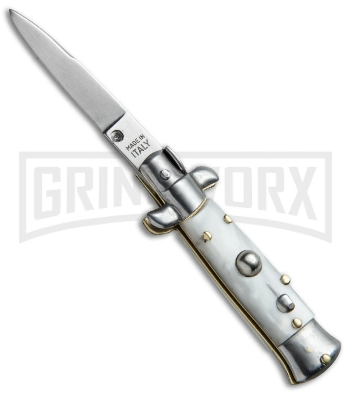 SKM 4.5" Italian Mini Stiletto White Pearlex Automatic Knife - Swedge 3 SKM 4.5" Italian Mini Stiletto White Pearlex Automatic Knife - Swedge
