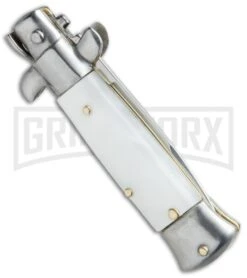 SKM 4.5" Italian Mini Stiletto White Pearlex Automatic Knife - Swedge 8 SKM 4.5" Italian Mini Stiletto White Pearlex Automatic Knife - Swedge -Grindworx SKM 4.5in Italian Stiletto White Pearlex Swedge BHQ 67448 jr side large