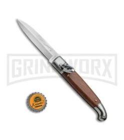 SKM 8" Fancy Lever Lock Wood Automatic Knife - Satin Bayonet 9 SKM 8" Fancy Lever Lock Wood Automatic Knife - Satin Bayonet -Grindworx SKM 8in LL Stamina Wood Bayo BP 19452 jr bottlecap large