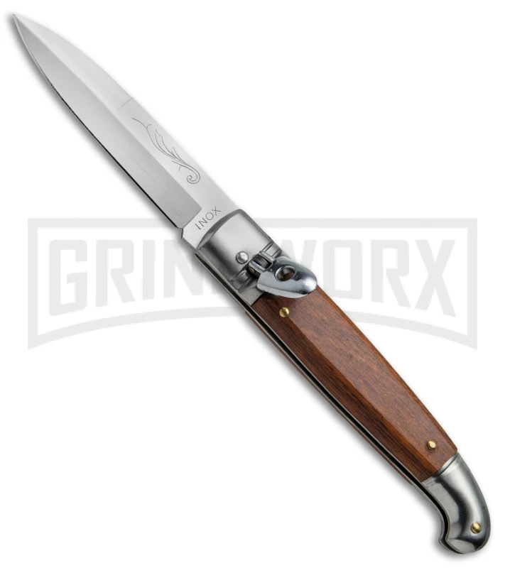 SKM 8" Fancy Lever Lock Wood Automatic Knife - Satin Bayonet 3 SKM 8" Fancy Lever Lock Wood Automatic Knife - Satin Bayonet