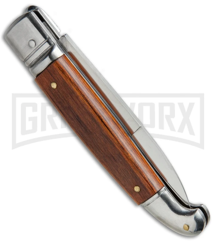 SKM 8" Fancy Lever Lock Wood Automatic Knife - Satin Bayonet 5 SKM 8" Fancy Lever Lock Wood Automatic Knife - Satin Bayonet - Image 3