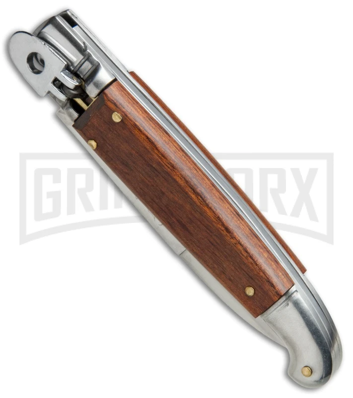 SKM 8" Fancy Lever Lock Wood Automatic Knife - Satin Bayonet 4 SKM 8" Fancy Lever Lock Wood Automatic Knife - Satin Bayonet - Image 2