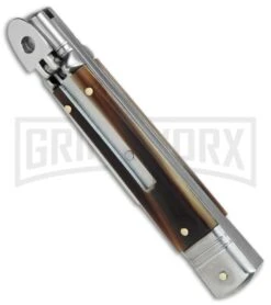 SKM 7.75" Slimline Brazilian Lever Lock Automatic Knife- Satin Swedge 8 SKM 7.75" Slimline Brazilian Lever Lock Automatic Knife- Satin Swedge -Grindworx SKM Slimline leverlock brazilian horn satin BHQ 81881 er spine large