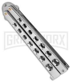 Scoundrel Balisong Silver Butterfly Knife - Satin Plain -Grindworx Scoundrel Balisong Silver Butterfly Knife Satin GX 39635 td side large