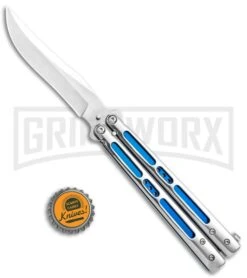 Silver/Blue Inlay Balisong Butterfly Knife - Satin Plain 9 Silver/Blue Inlay Balisong Butterfly Knife - Satin Plain -Grindworx Silver Blue Inlay Balisong Satin GX 37631 jr bottlecap large