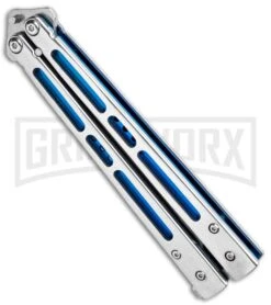 Silver/Blue Inlay Balisong Butterfly Knife - Satin Plain 8 Silver/Blue Inlay Balisong Butterfly Knife - Satin Plain -Grindworx Silver Blue Inlay Balisong Satin GX 37631 jr spine large