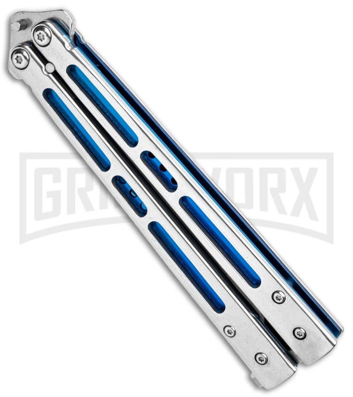 Silver/Blue Inlay Balisong Butterfly Knife - Satin Plain 5 Silver/Blue Inlay Balisong Butterfly Knife - Satin Plain - Image 3