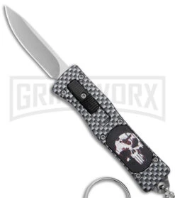 Skull Mini Dog Tag Gray Black Carbon Fiber D/A OTF Automatic Knife - Satin Plain