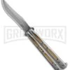 Boss Butterfly Knife Stainless Steel Gold Liners - Gray Plain 1 Boss Butterfly Knife Stainless Steel Gold Liners - Gray Plain -Grindworx Stainless Steel With Gold Ilay Balisong Butterfly Knife GX 37609 td large