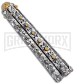 Stone Pattern Balisong Butterfly Knife (4.25" Gold) 8 Stone Pattern Balisong Butterfly Knife (4.25" Gold) -Grindworx Stone Pattern Balisong Butterfly Gold GX 37520 jr side large