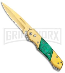 Super Knife Croc Automatic Knife Stainless Gold W/ Green Inlay - Gold Serr