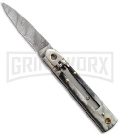 AKC Classic 6" Lever Lock Brazilian Horn Automatic Knife - Damascus Plain