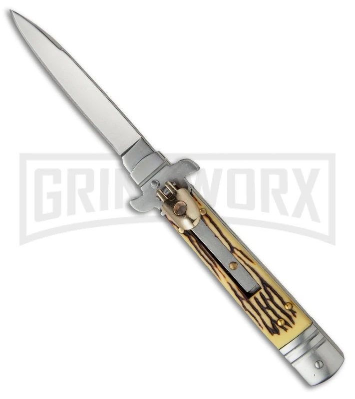 Levermatic 8" Stiletto Sim Stag Horn Automatic Knife -Flat Grind 3 Levermatic 8" Stiletto Sim Stag Horn Automatic Knife -Flat Grind